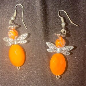 Vibrant Orange and Silver Winged Earrings